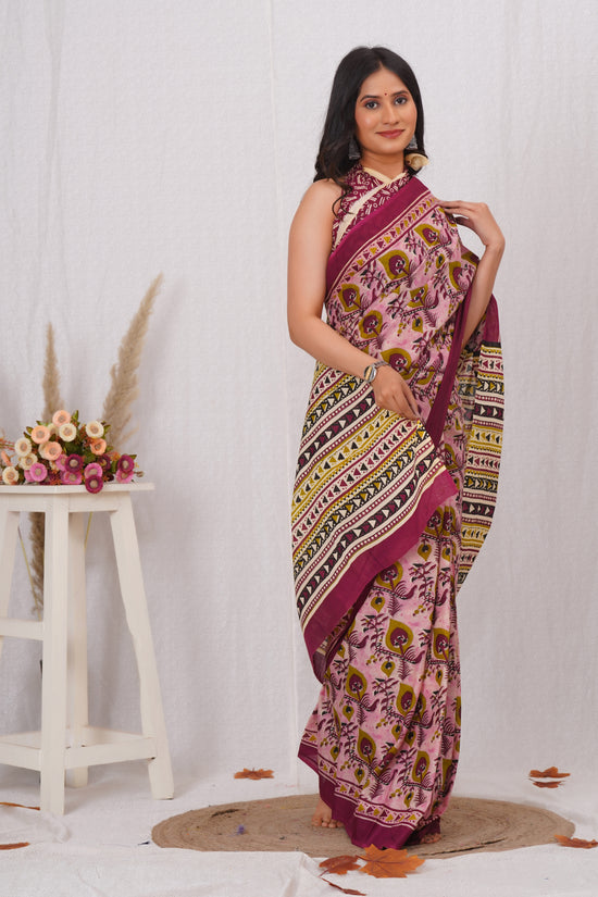Wine Color Cotton Mulmul Saree With Blouse Piece