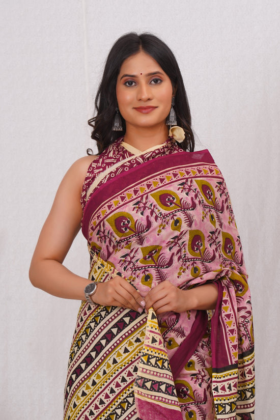 Wine Color Cotton Mulmul Saree With Blouse Piece