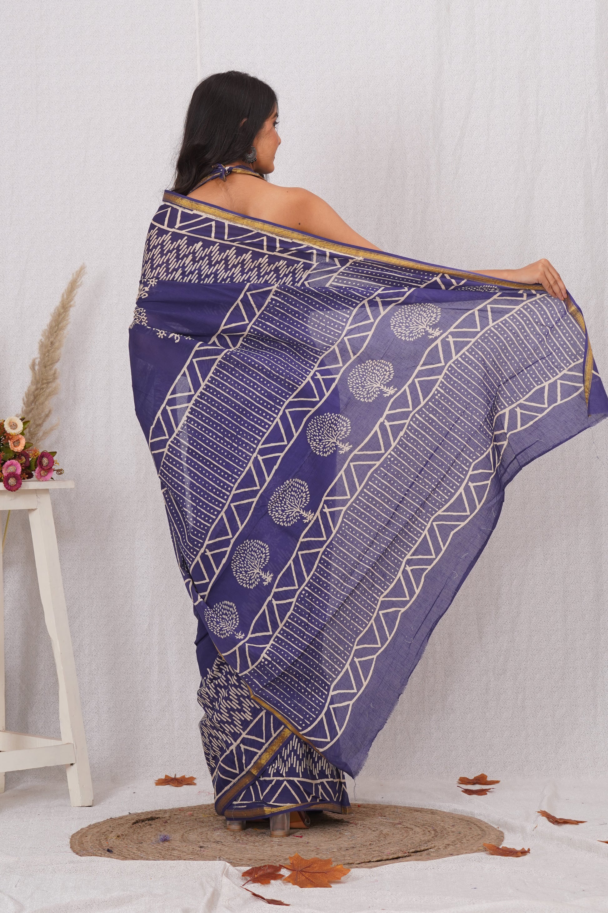 Navy Blue Pure Soft Cotton Mulmul Saree with Zari Border and Blouse Piece – Hand Block Printed with Organic Vegetable Dyes