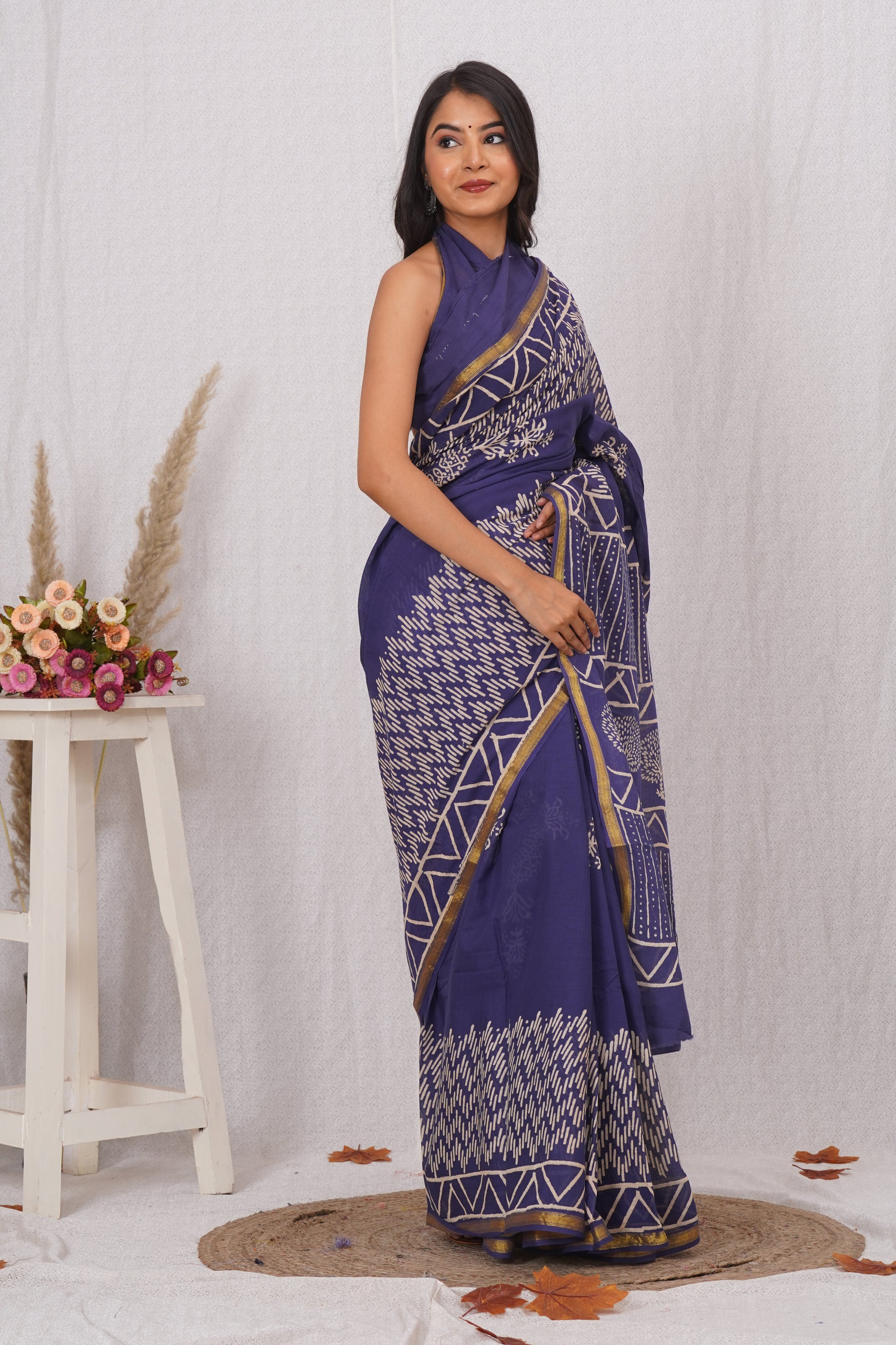 Navy Blue Pure Soft Cotton Mulmul Saree with Zari Border and Blouse Piece – Hand Block Printed with Organic Vegetable Dyes