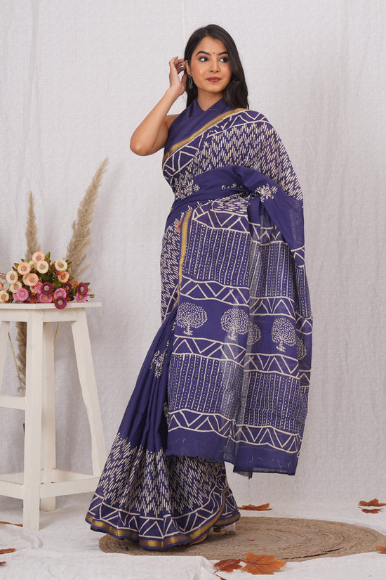 Navy Blue Pure Soft Cotton Mulmul Saree with Zari Border and Blouse Piece – Hand Block Printed with Organic Vegetable Dyes