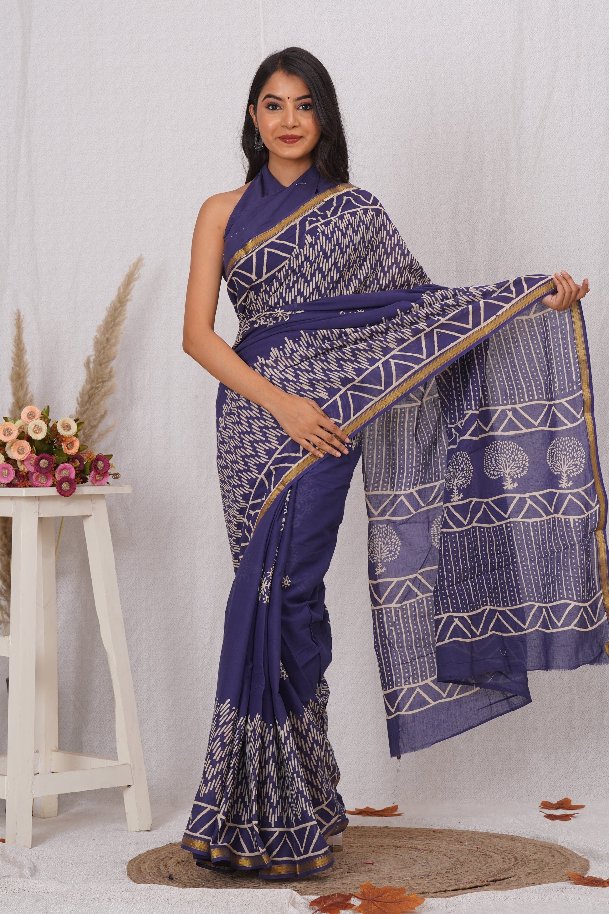 Navy Blue Pure Soft Cotton Mulmul Saree with Zari Border and Blouse Piece – Hand Block Printed with Organic Vegetable Dyes