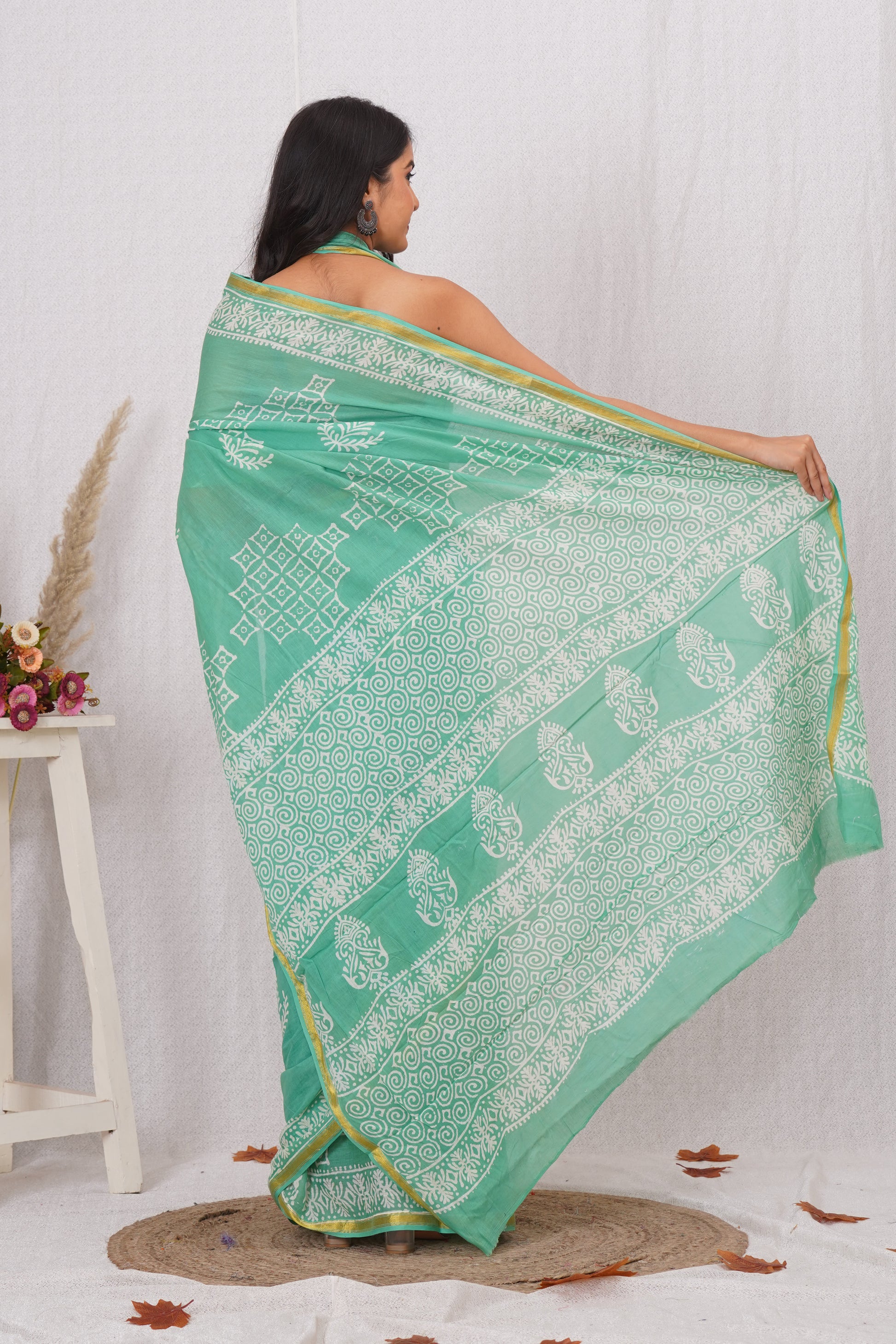 Teal Pure Soft Cotton Mulmul Saree with Zari Border and Blouse Piece – Hand Block Printed with Organic Vegetable Dyes
