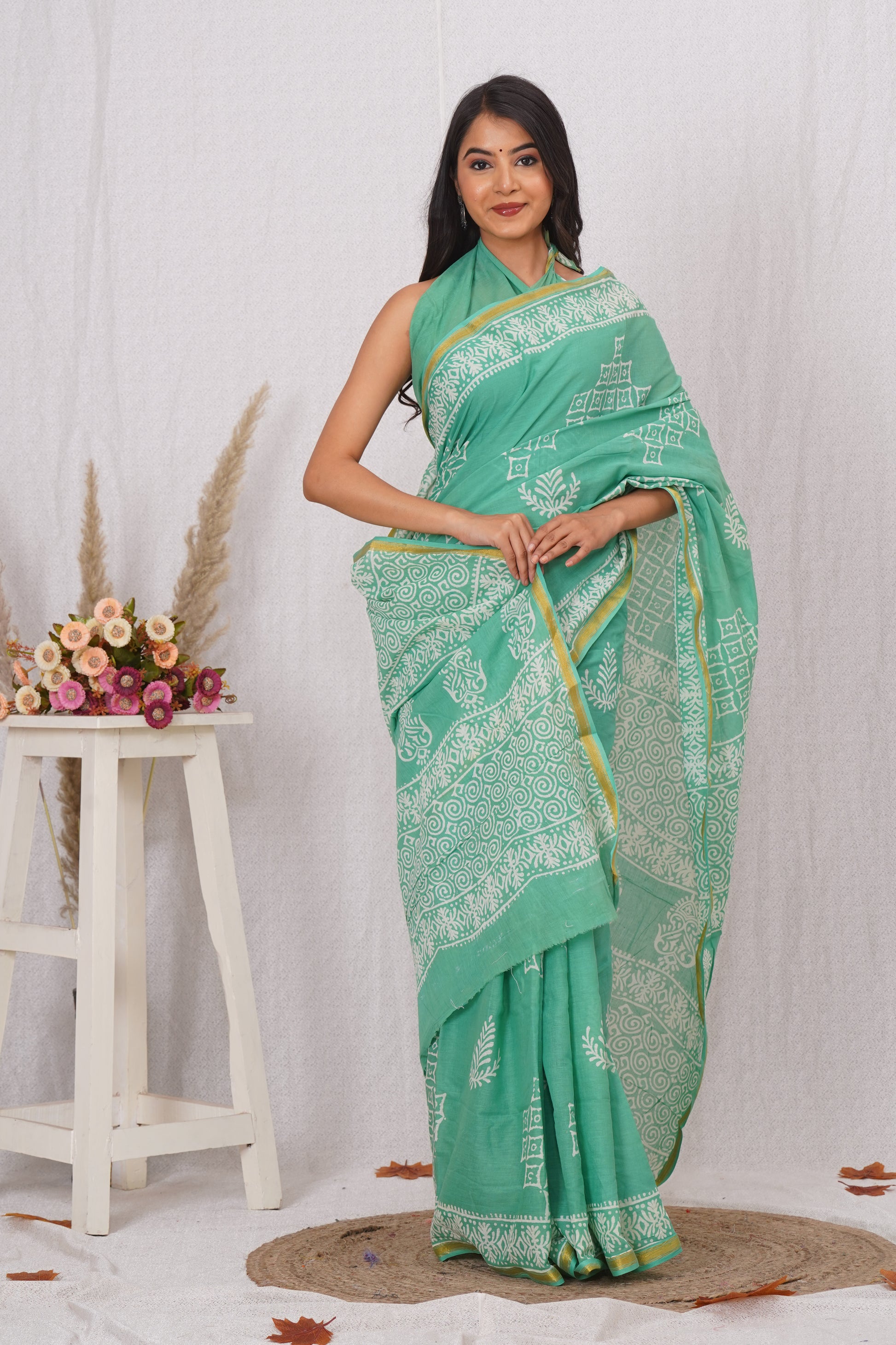 Teal Pure Soft Cotton Mulmul Saree with Zari Border and Blouse Piece – Hand Block Printed with Organic Vegetable Dyes
