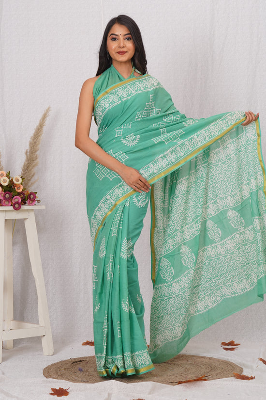 Teal Pure Soft Cotton Mulmul Saree with Zari Border and Blouse Piece – Hand Block Printed with Organic Vegetable Dyes