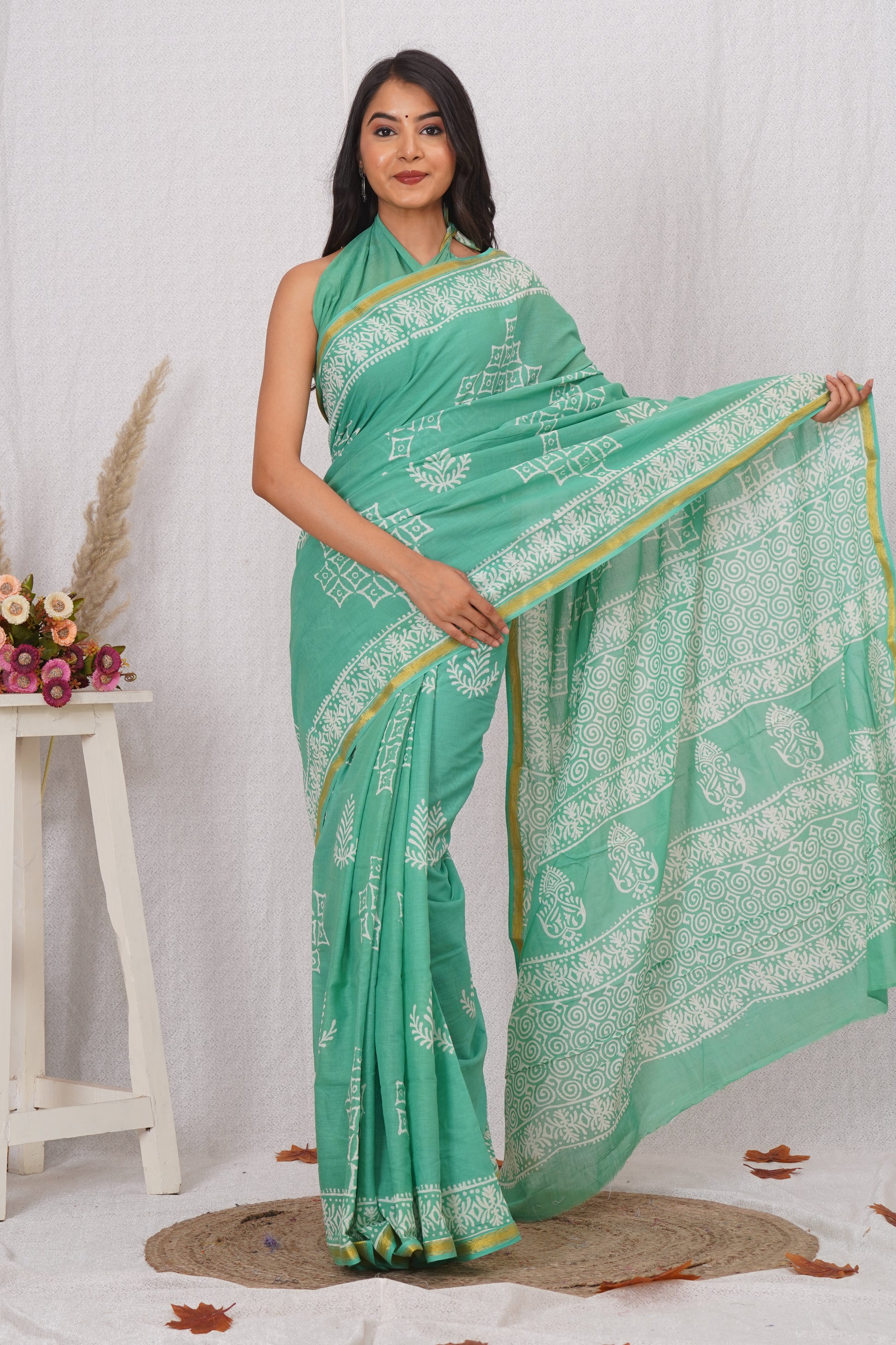 Teal Pure Soft Cotton Mulmul Saree with Zari Border and Blouse Piece – Hand Block Printed with Organic Vegetable Dyes