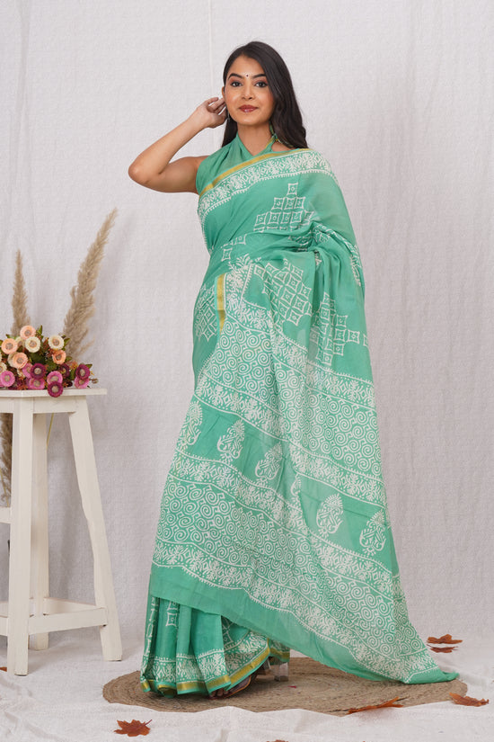 Teal Pure Soft Cotton Mulmul Saree with Zari Border and Blouse Piece – Hand Block Printed with Organic Vegetable Dyes