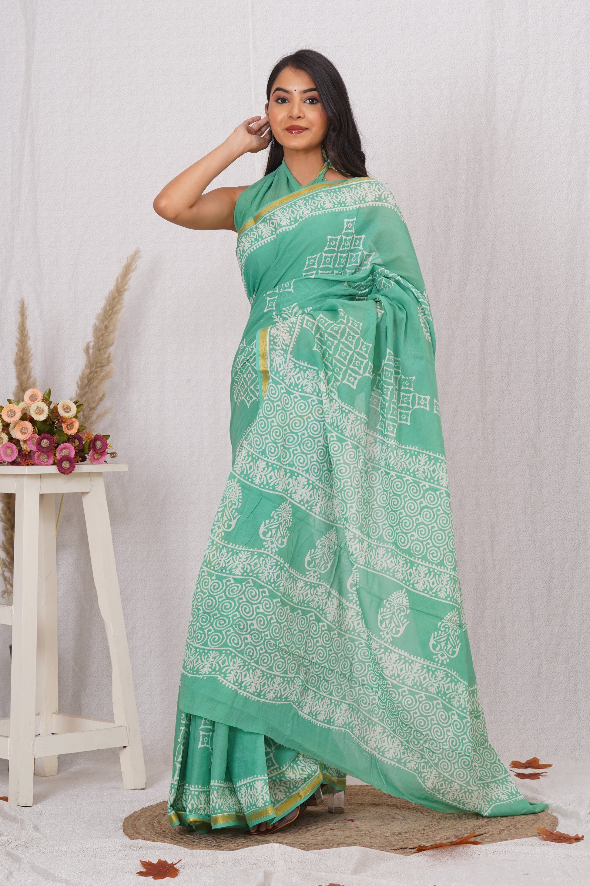 Teal Pure Soft Cotton Mulmul Saree with Zari Border and Blouse Piece – Hand Block Printed with Organic Vegetable Dyes