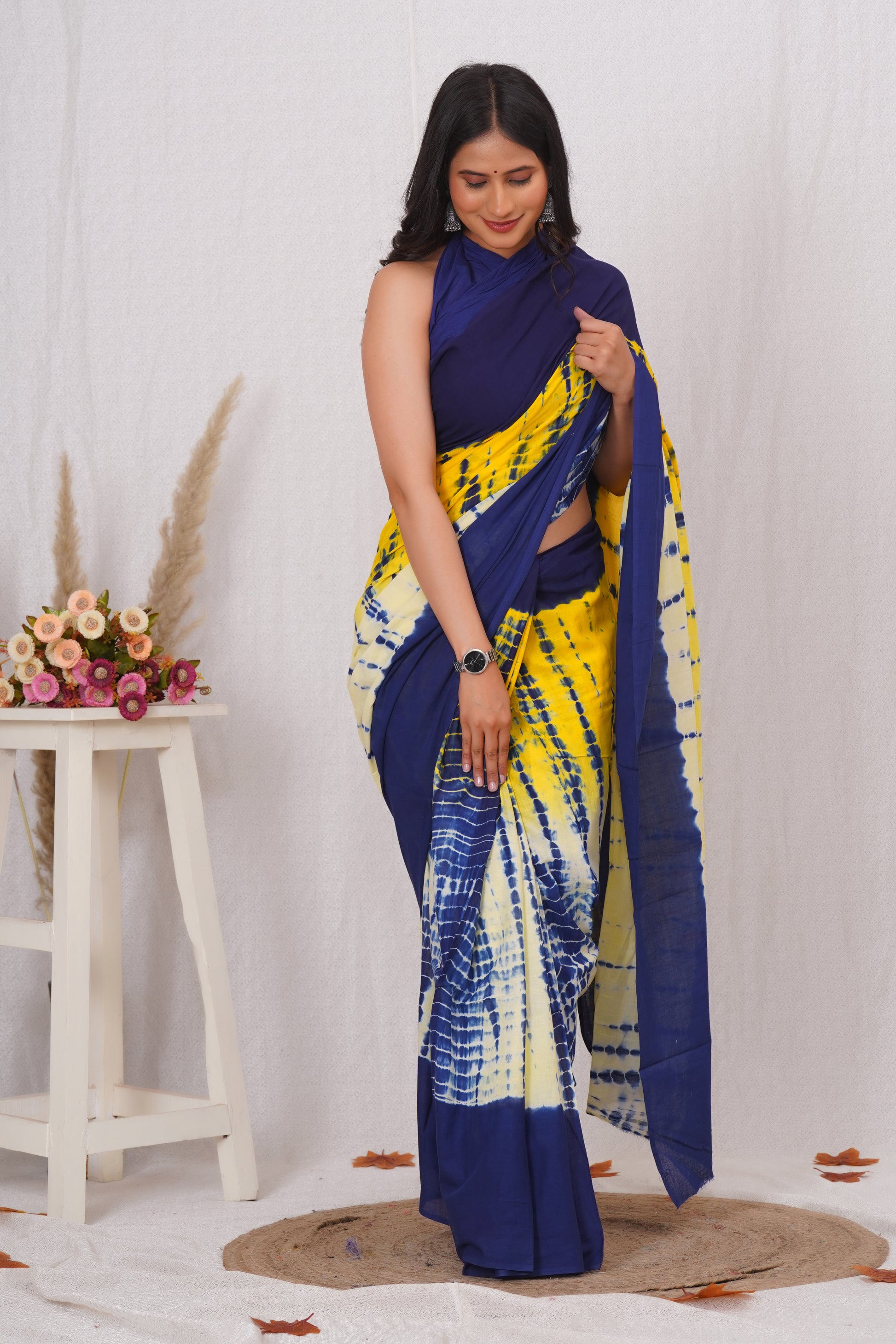 Blue and Yellow Cotton Mulmul Saree With Blouse Piece