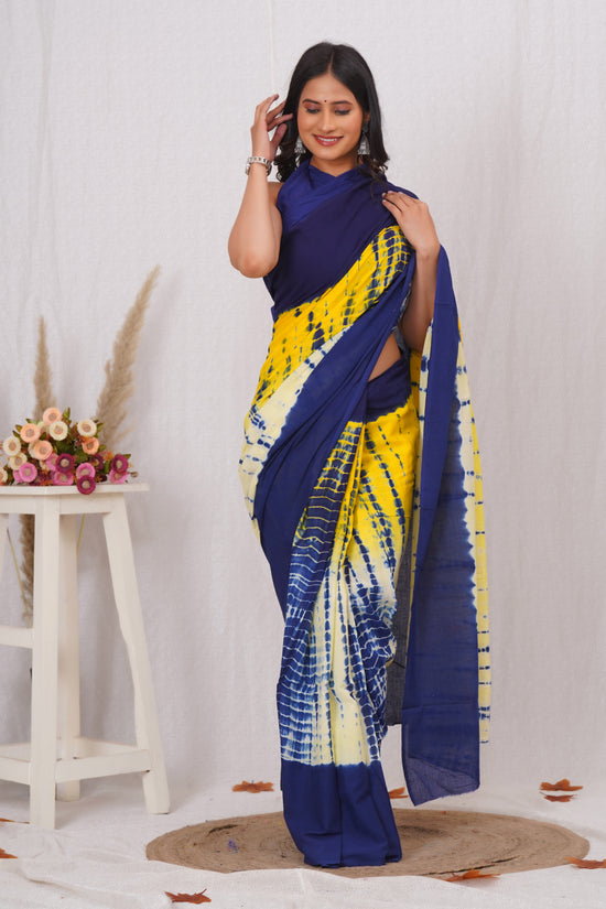 Blue and Yellow Cotton Mulmul Saree With Blouse Piece