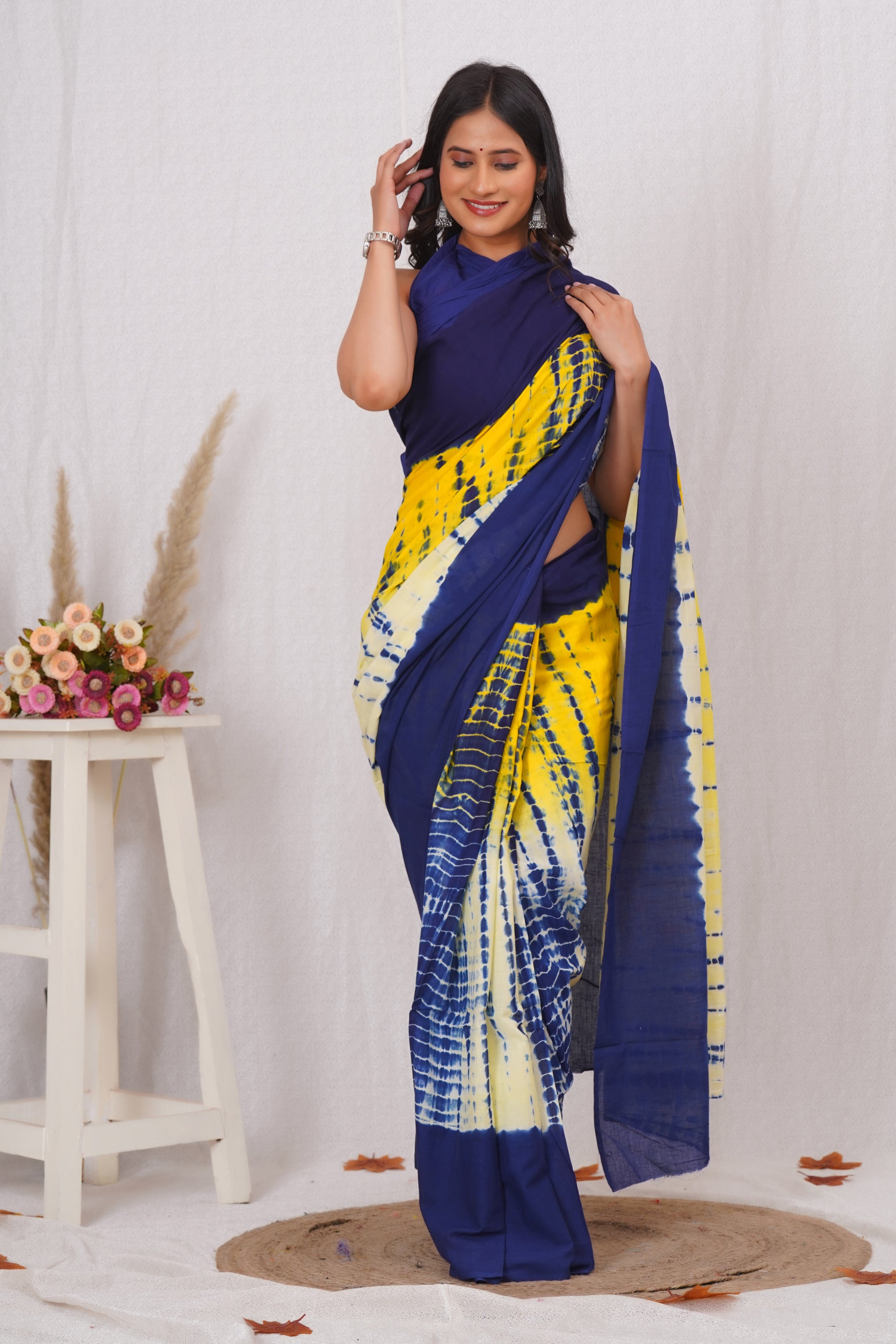 Blue and Yellow Cotton Mulmul Saree With Blouse Piece