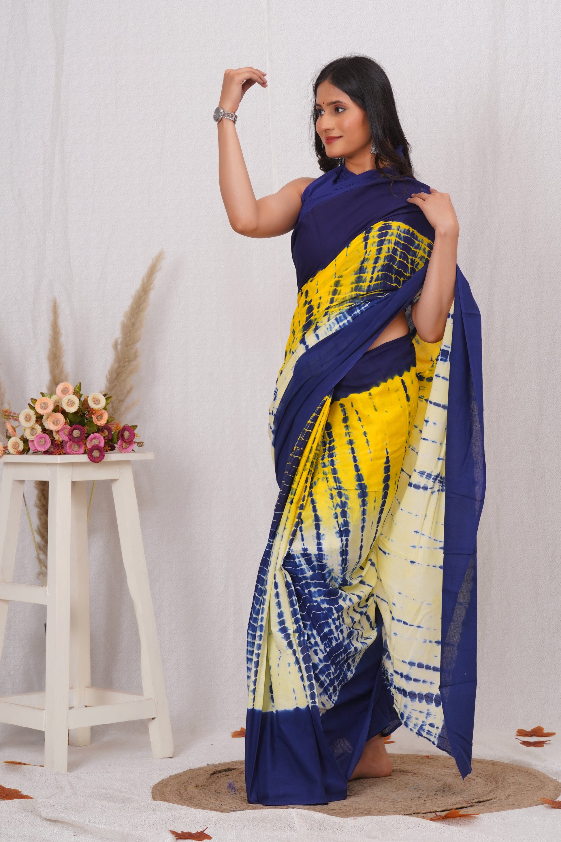 Blue and Yellow Cotton Mulmul Saree With Blouse Piece