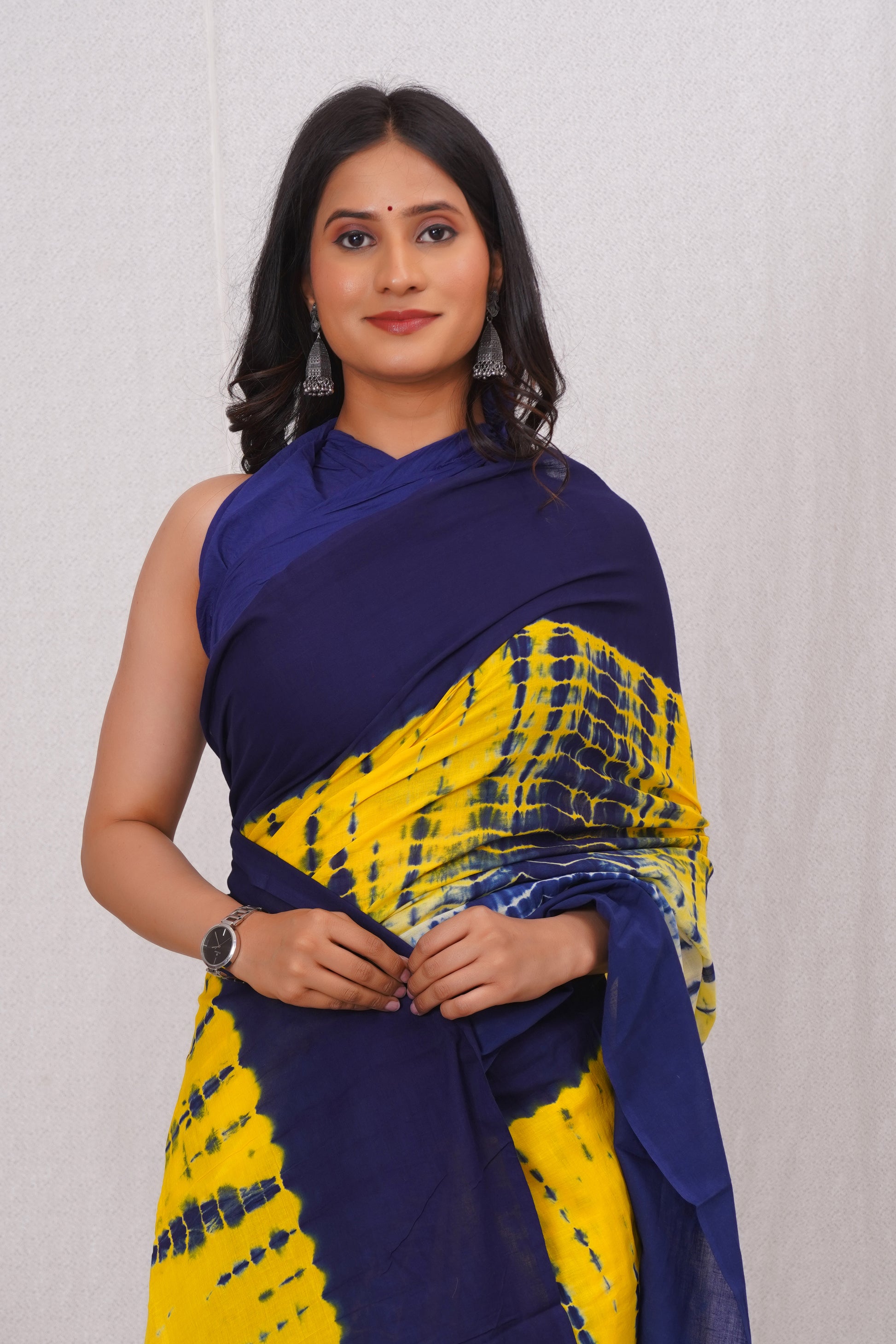 Blue and Yellow Cotton Mulmul Saree With Blouse Piece