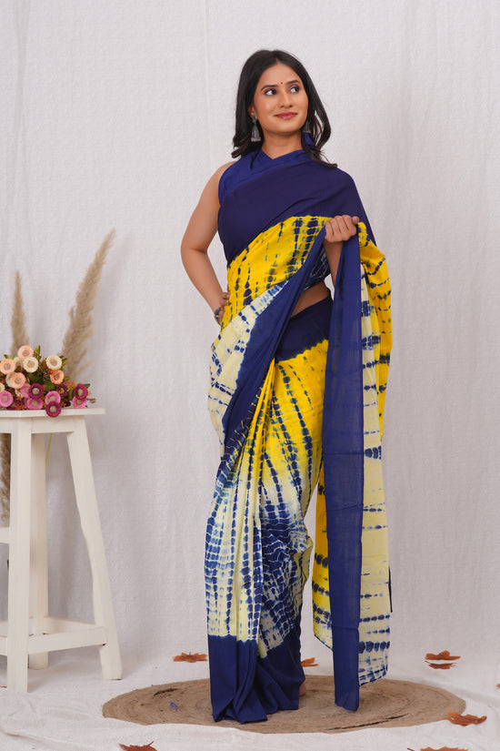 Blue and Yellow Cotton Mulmul Saree With Blouse Piece