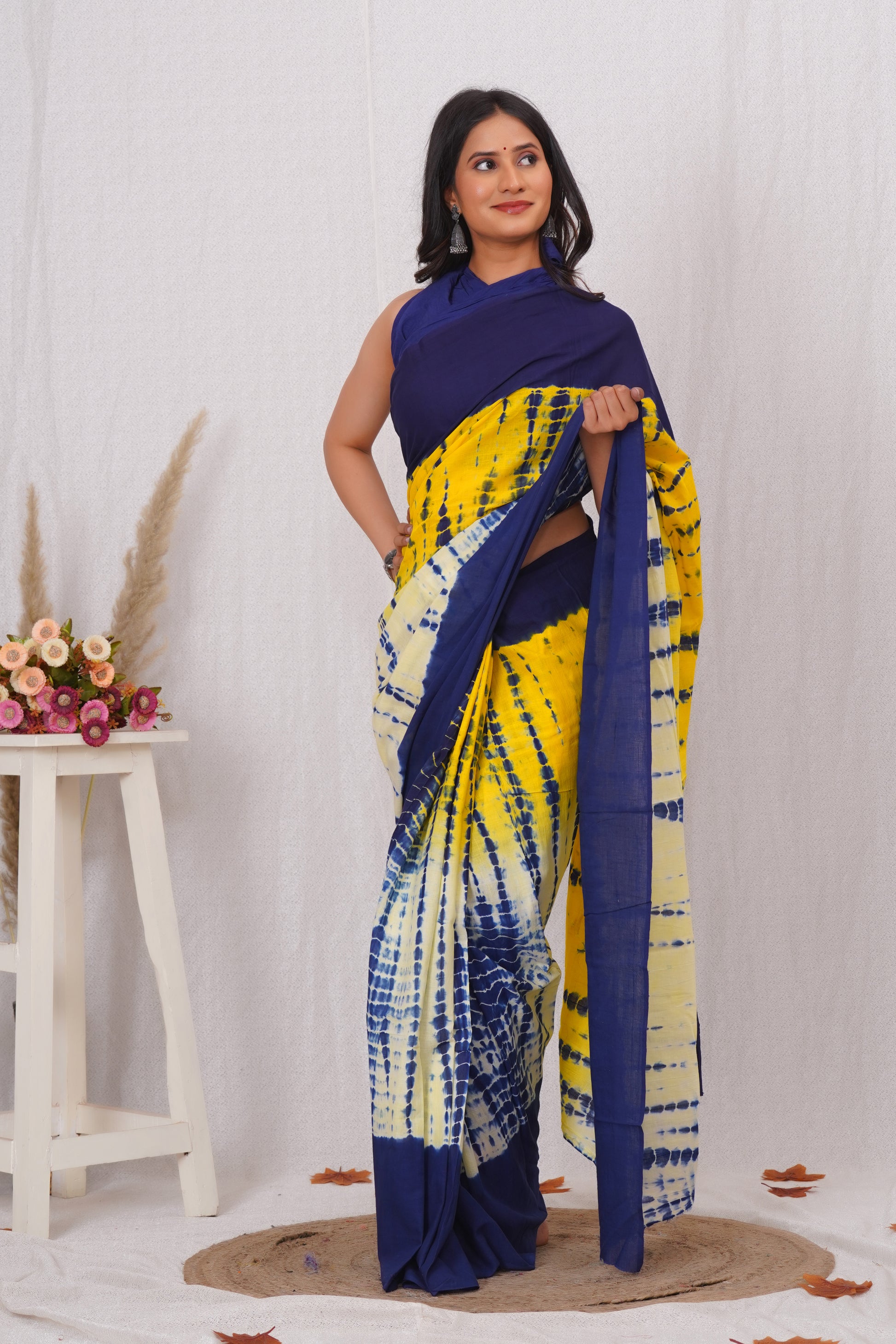 Blue and Yellow Cotton Mulmul Saree With Blouse Piece