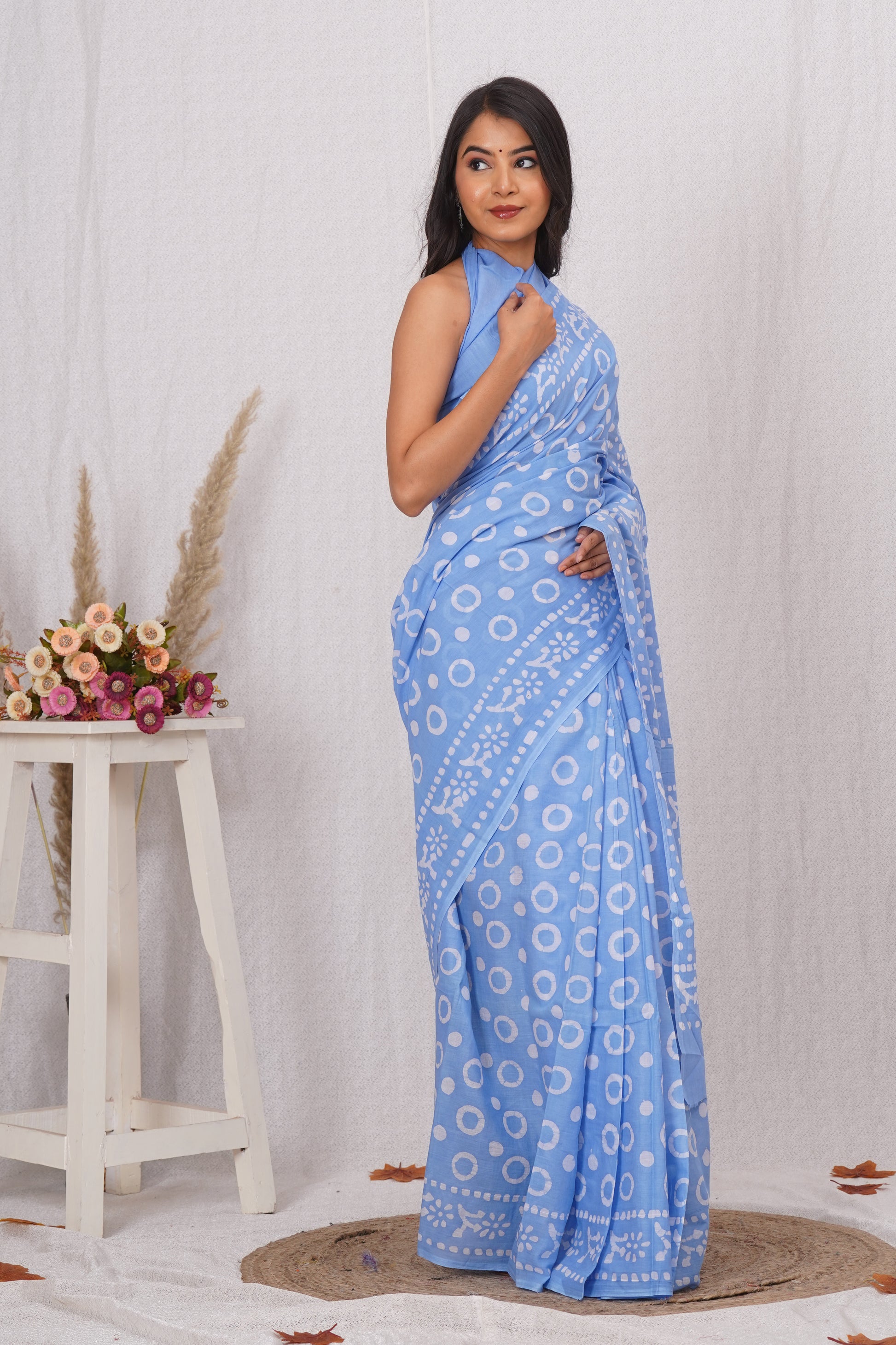 Sky Blue Cotton Mulmul Saree With Blouse Piece