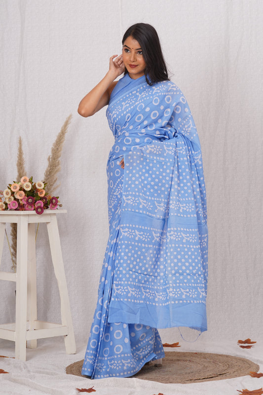 Sky Blue Cotton Mulmul Saree With Blouse Piece