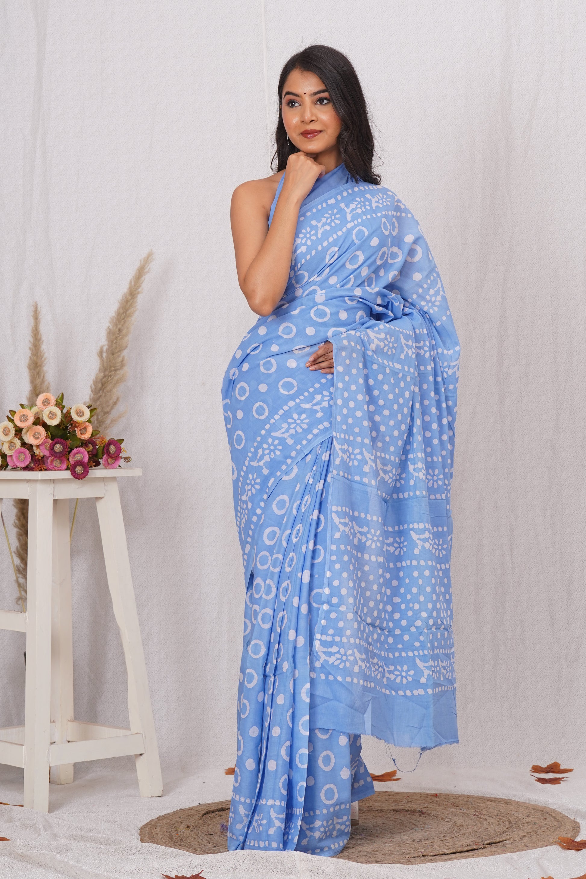 Sky Blue Cotton Mulmul Saree With Blouse Piece
