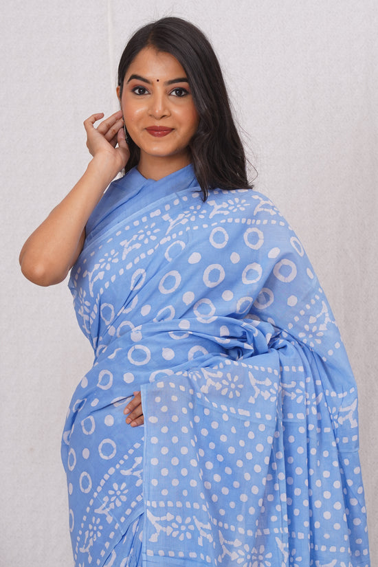 Sky Blue Cotton Mulmul Saree With Blouse Piece