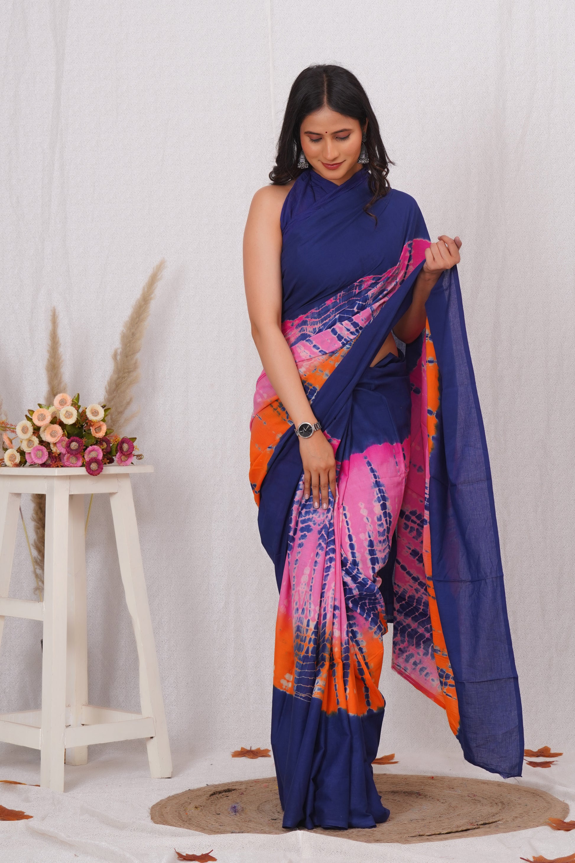 Multicolor Cotton Mulmul Saree With Blouse Piece