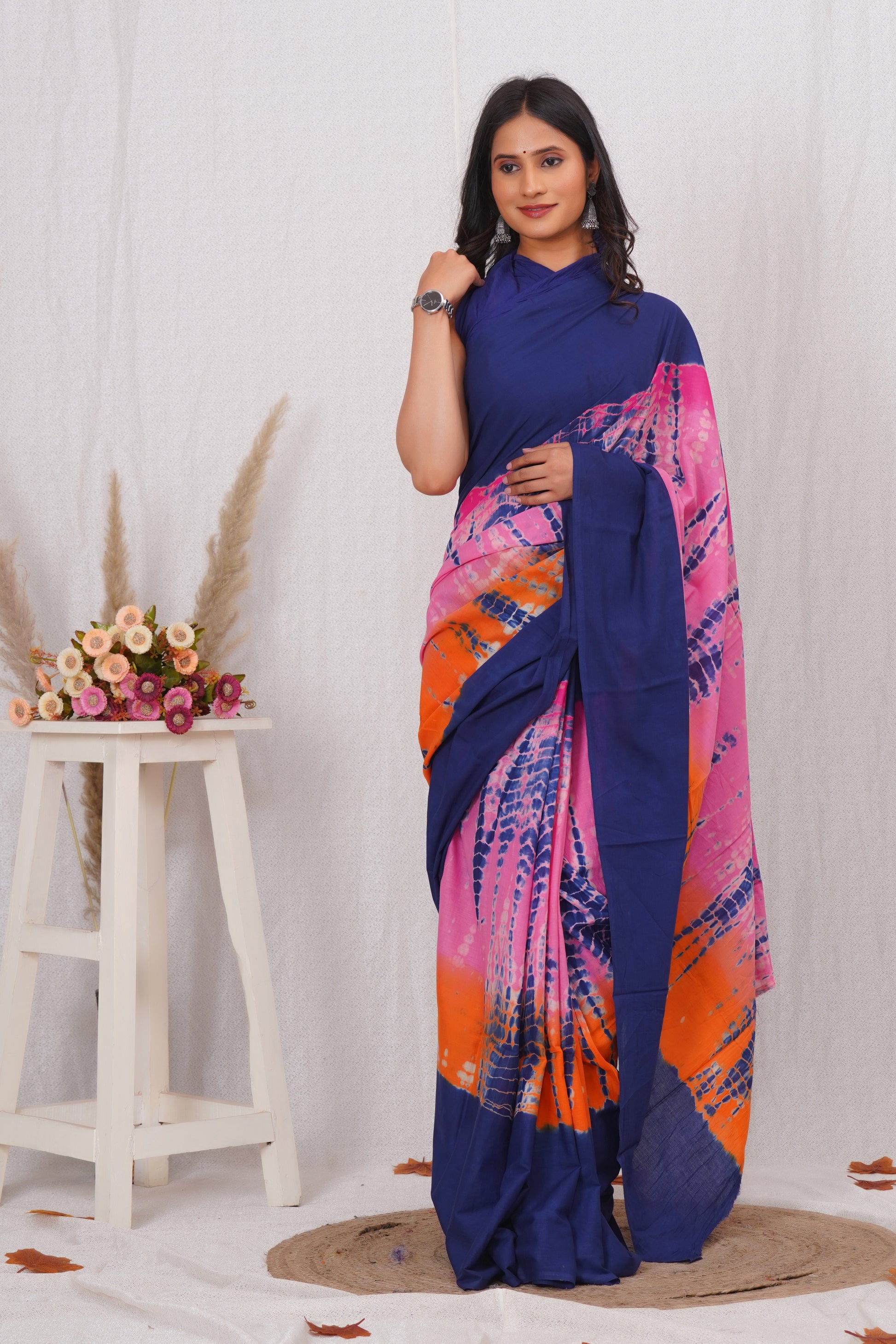 Multicolor Cotton Mulmul Saree With Blouse Piece