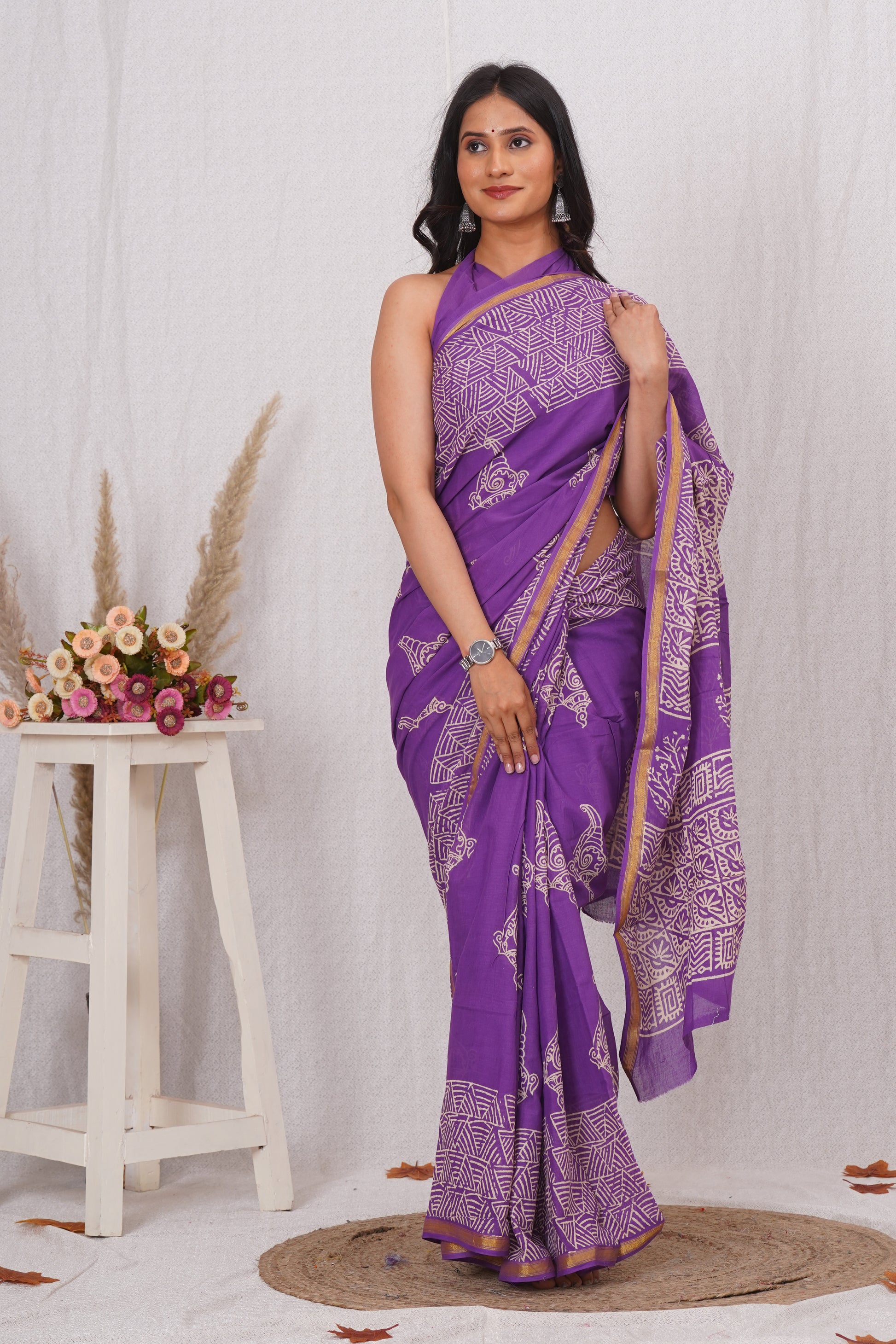 Pure Soft Cotton Mulmul Saree with Zari Border and Blouse Piece – Hand Block Printed with Organic Vegetable Dyes