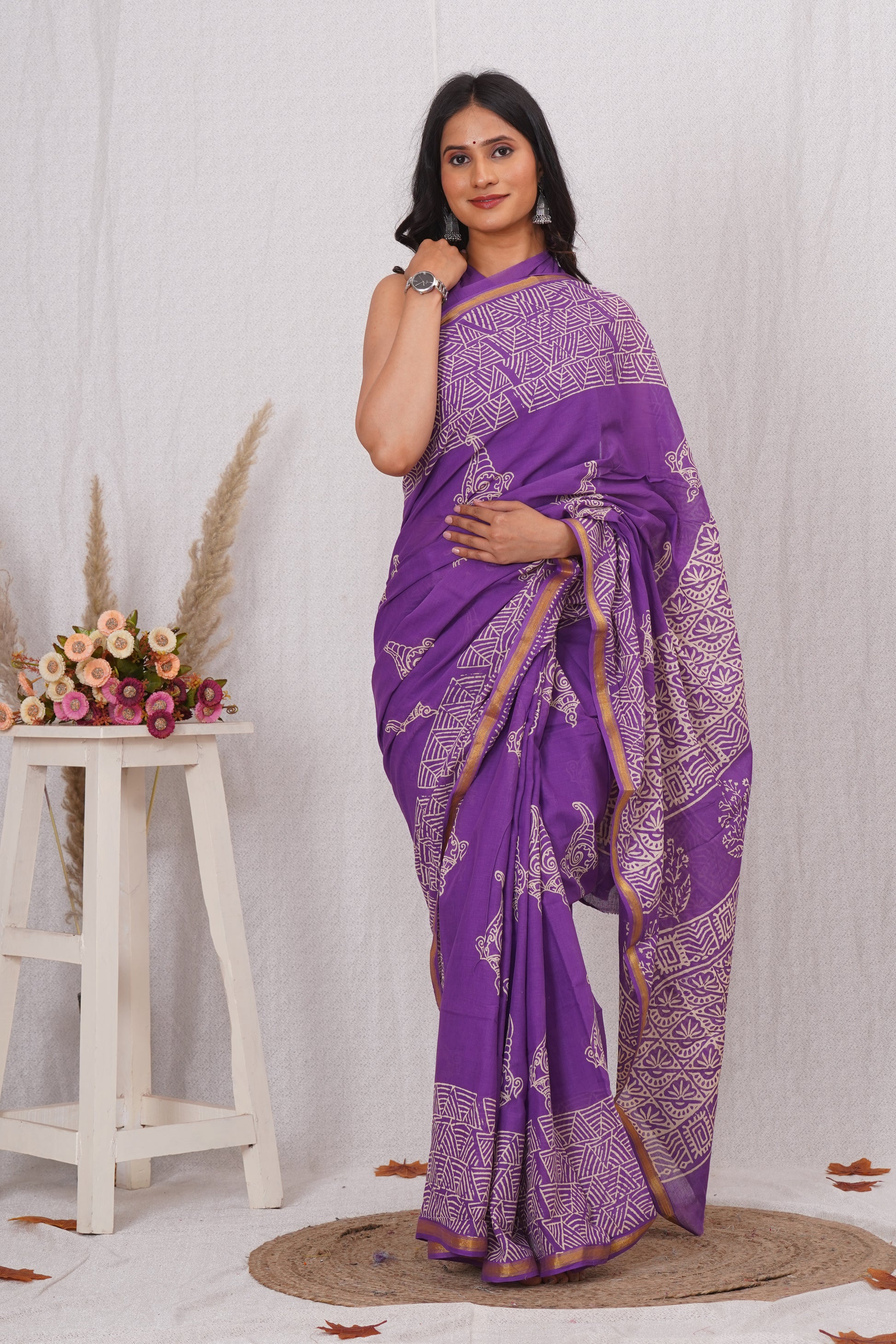 Pure Soft Cotton Mulmul Saree with Zari Border and Blouse Piece – Hand Block Printed with Organic Vegetable Dyes