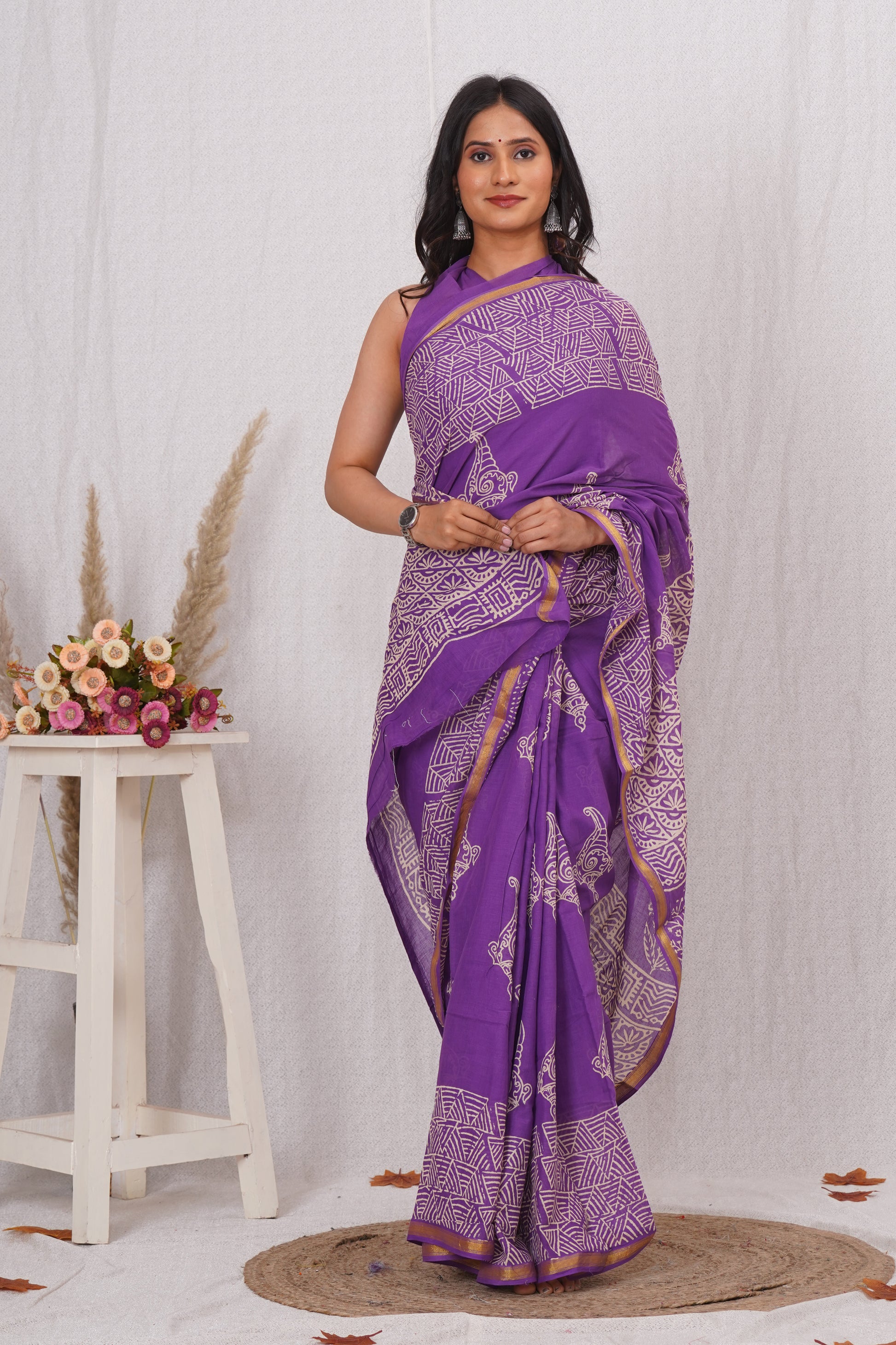 Pure Soft Cotton Mulmul Saree with Zari Border and Blouse Piece – Hand Block Printed with Organic Vegetable Dyes