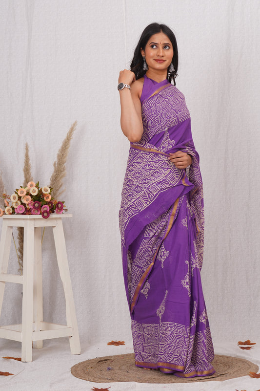 Pure Soft Cotton Mulmul Saree with Zari Border and Blouse Piece – Hand Block Printed with Organic Vegetable Dyes