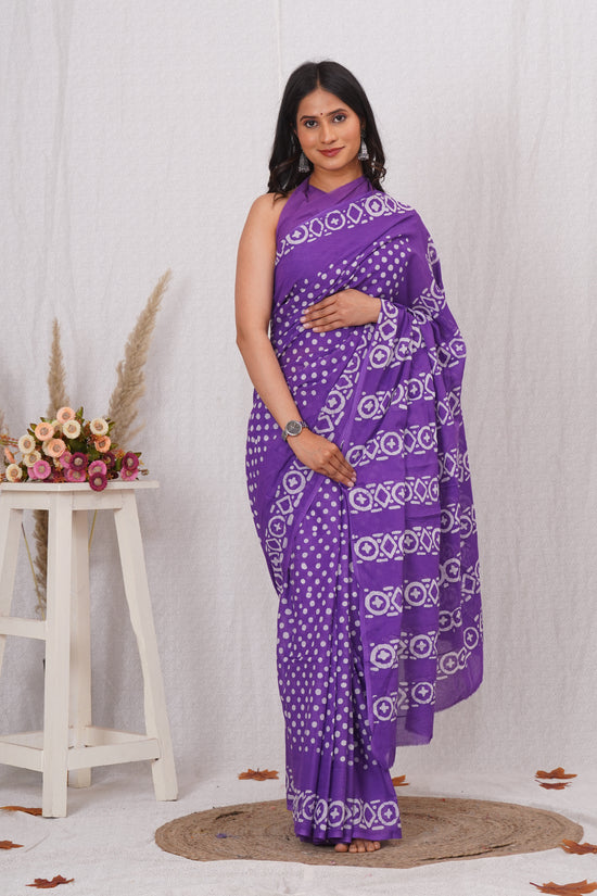 Purple Cotton Mulmul Saree With Blouse Piece