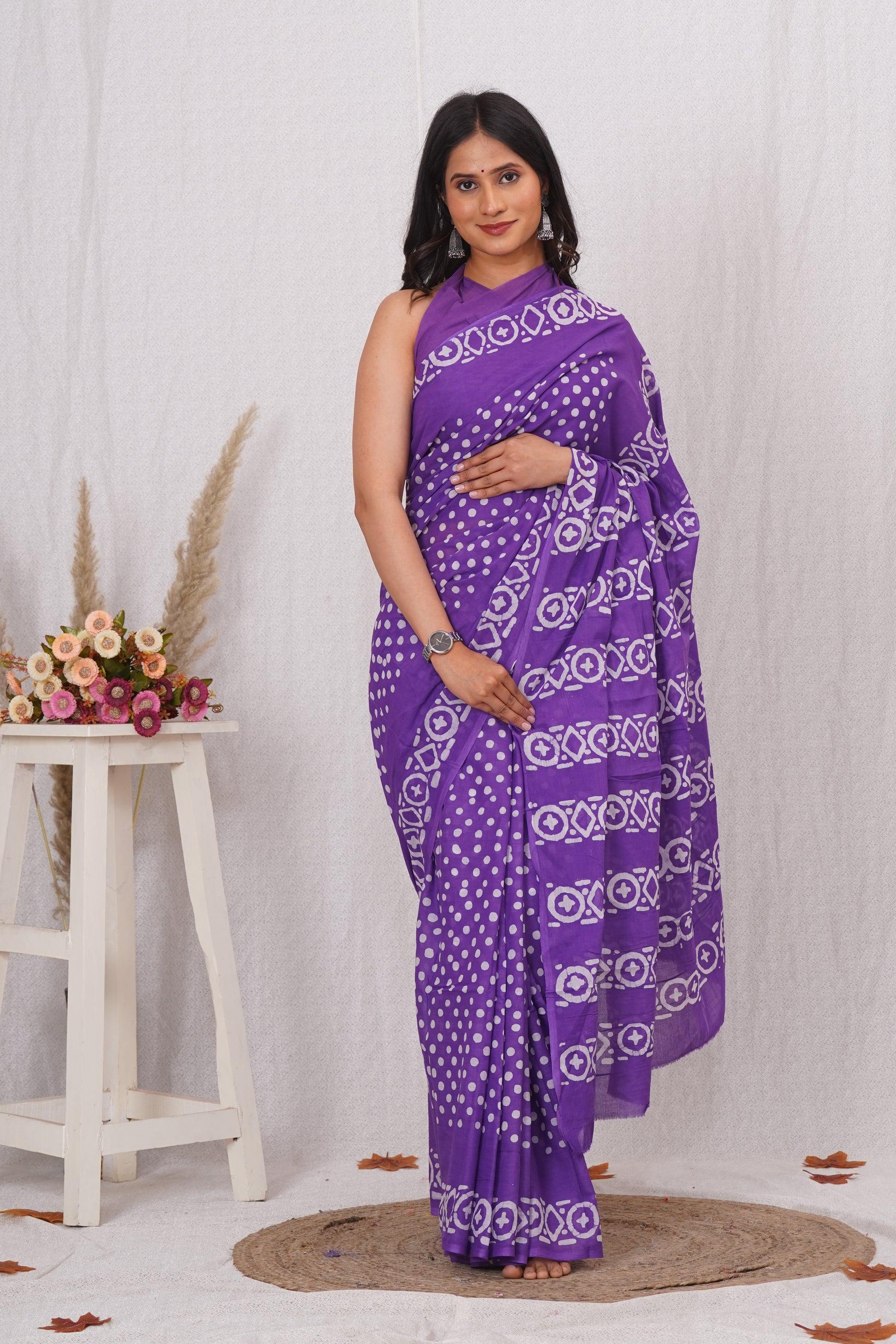 Purple Cotton Mulmul Saree With Blouse Piece