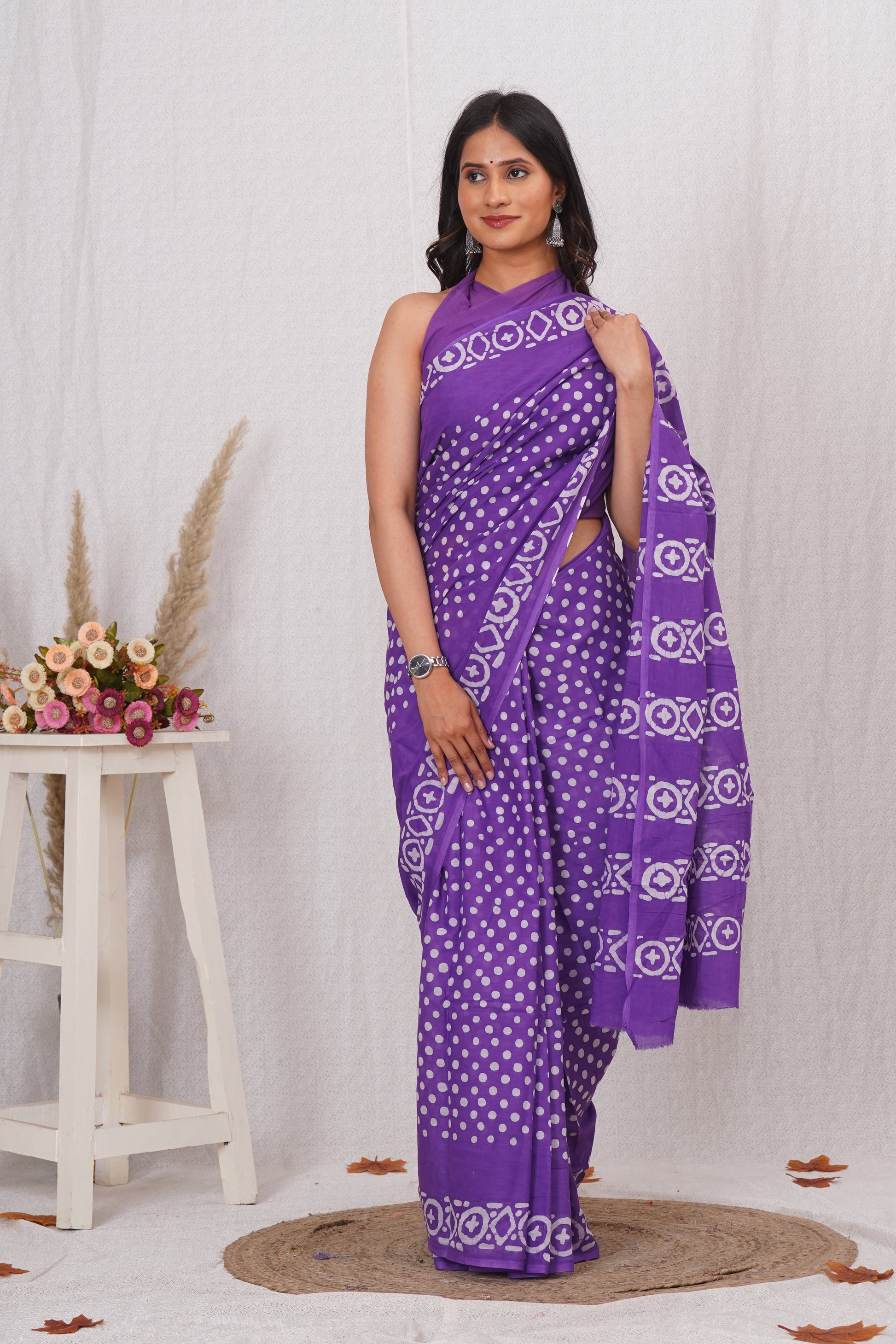 Purple Cotton Mulmul Saree With Blouse Piece