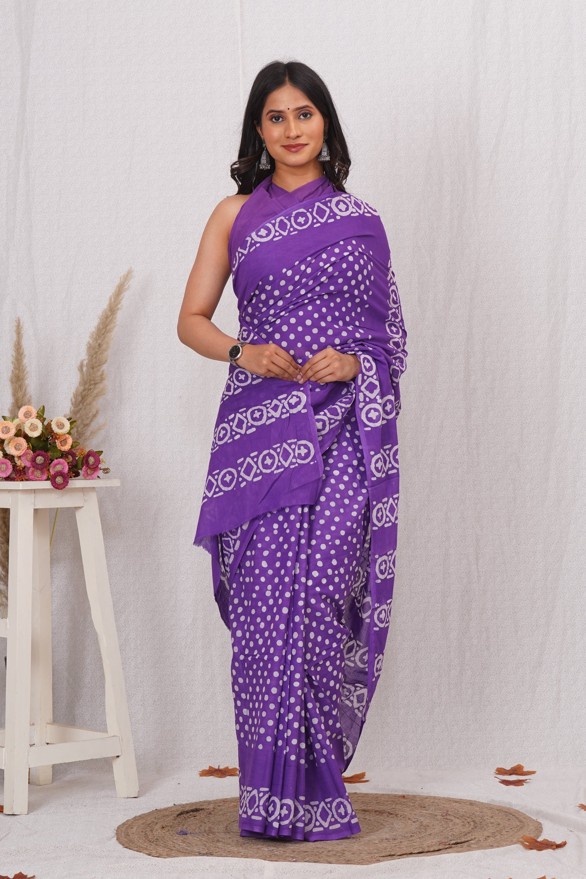 Purple Cotton Mulmul Saree With Blouse Piece