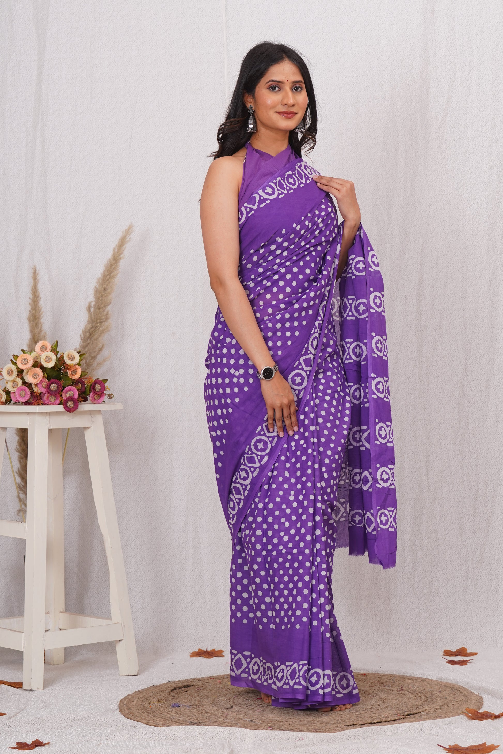 Purple Cotton Mulmul Saree With Blouse Piece