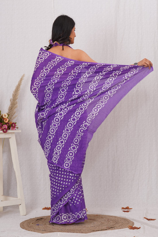 Purple Cotton Mulmul Saree With Blouse Piece