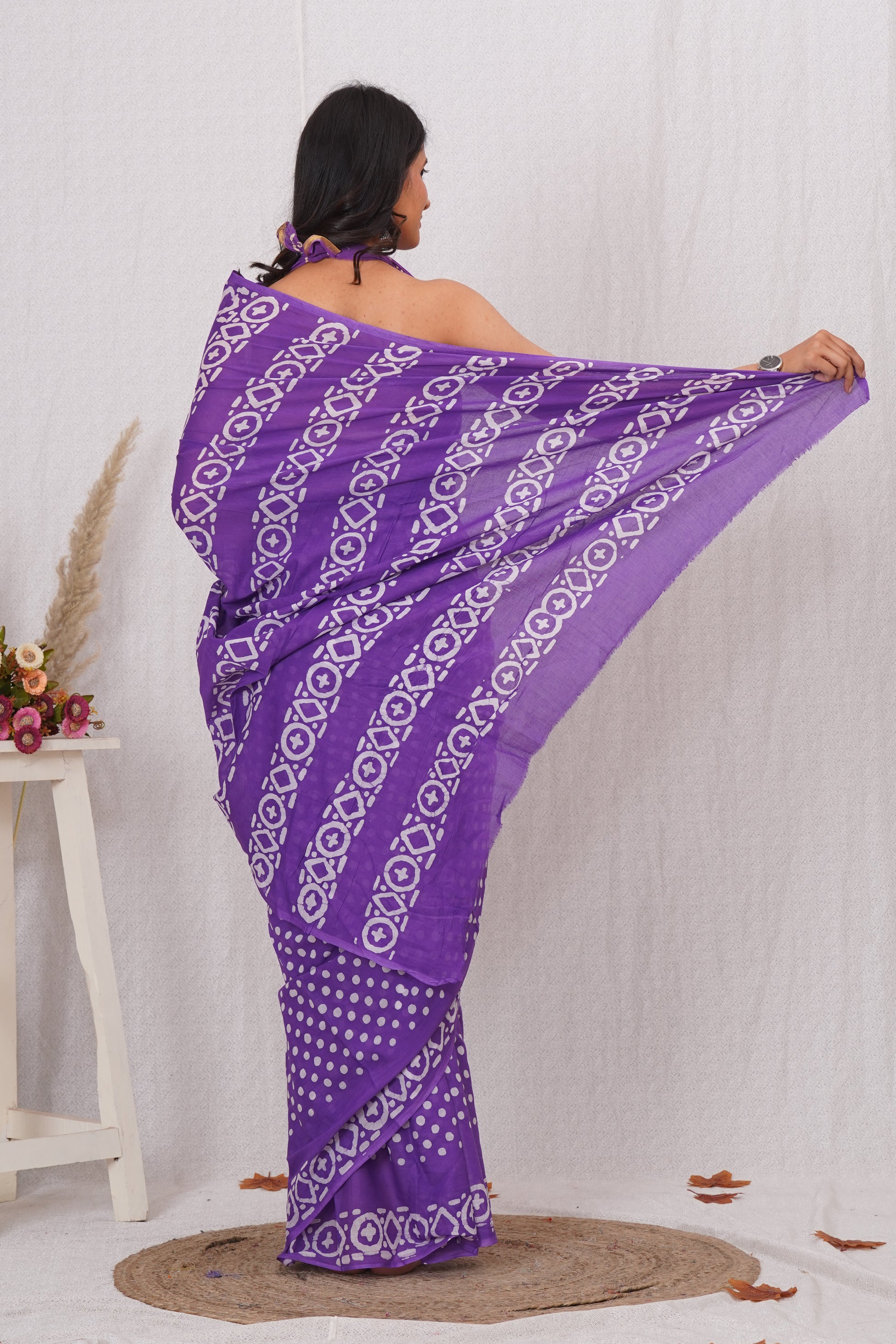 Purple Cotton Mulmul Saree With Blouse Piece