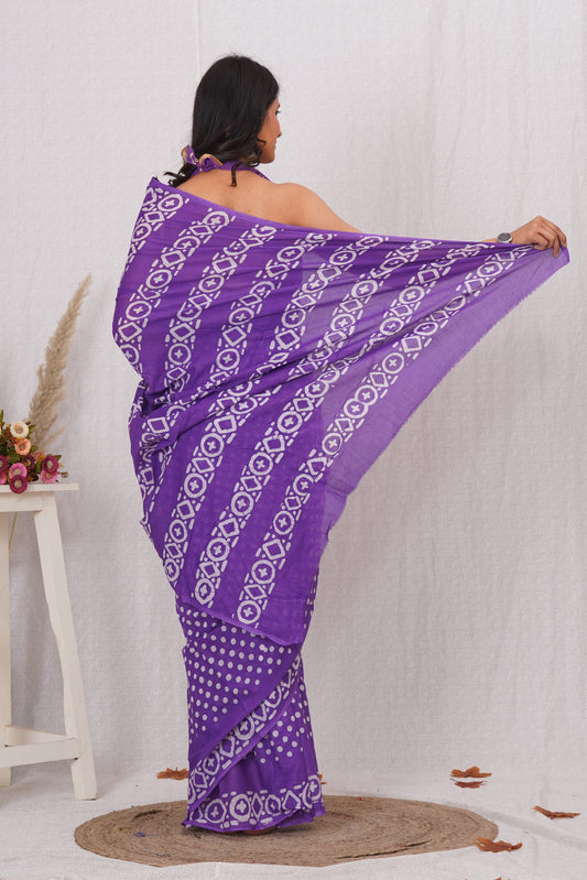 Purple Cotton Mulmul Saree With Blouse Piece
