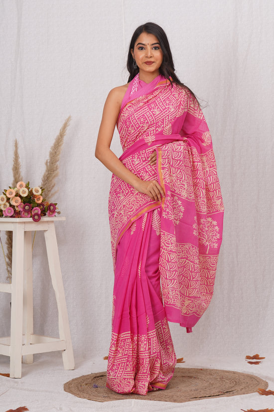 Soft Pink Pure Soft Cotton Mulmul Saree with Zari Border and Blouse Piece – Hand Block Printed with Organic Vegetable Dyes