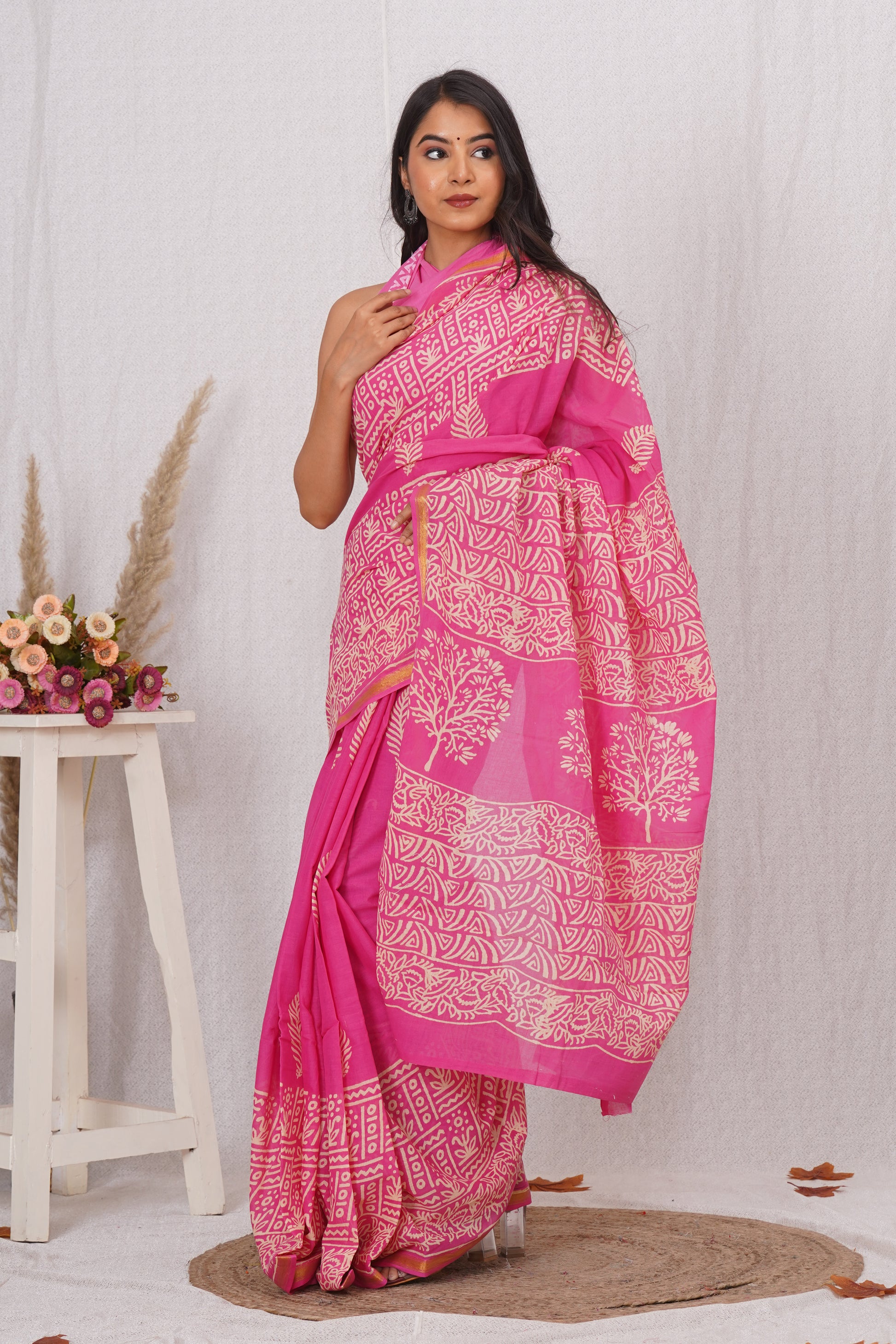 Soft Pink Pure Soft Cotton Mulmul Saree with Zari Border and Blouse Piece – Hand Block Printed with Organic Vegetable Dyes