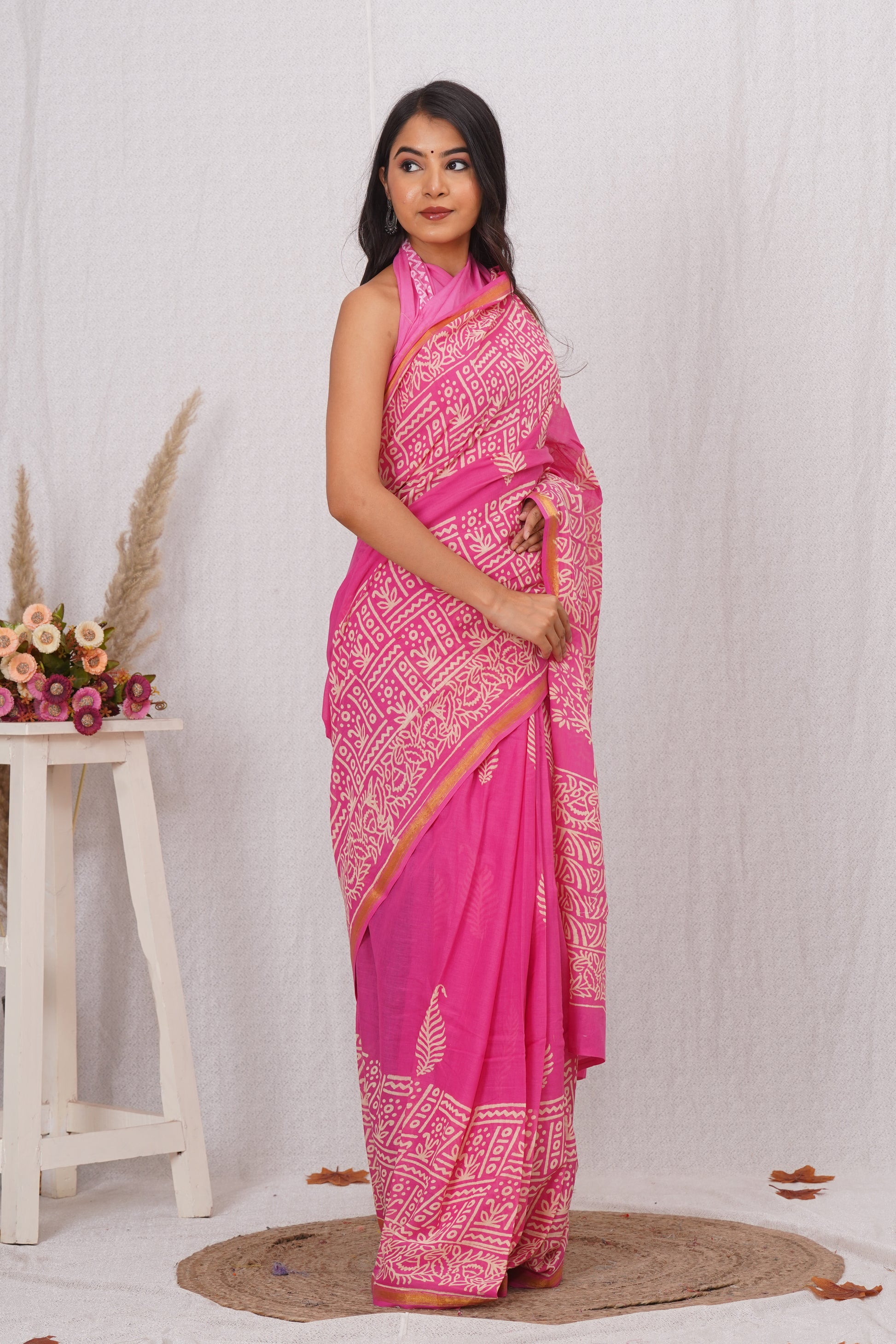 Soft Pink Pure Soft Cotton Mulmul Saree with Zari Border and Blouse Piece – Hand Block Printed with Organic Vegetable Dyes