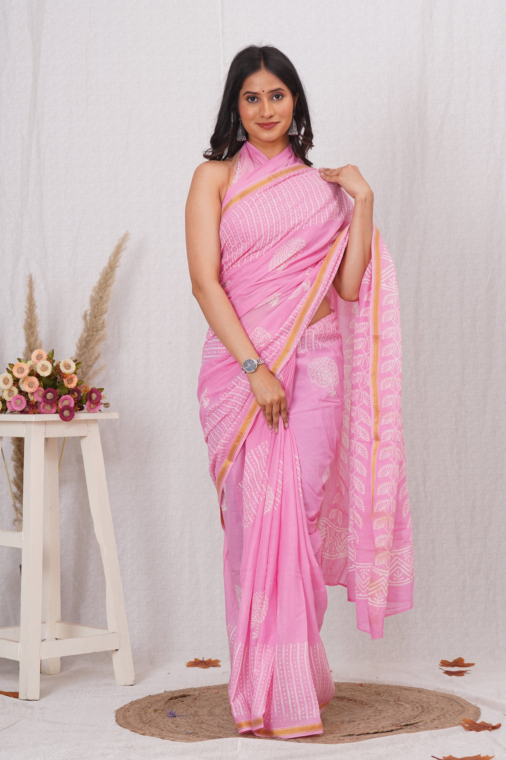 Light Pink Pure Soft Cotton Mulmul Saree with Zari Border and Blouse Piece – Hand Block Printed with Organic Vegetable Dyes