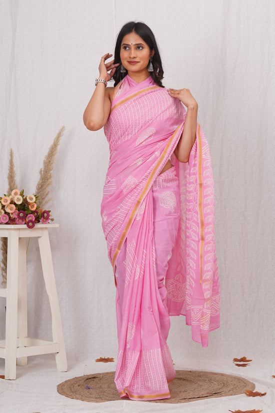 Light Pink Pure Soft Cotton Mulmul Saree with Zari Border and Blouse Piece – Hand Block Printed with Organic Vegetable Dyes