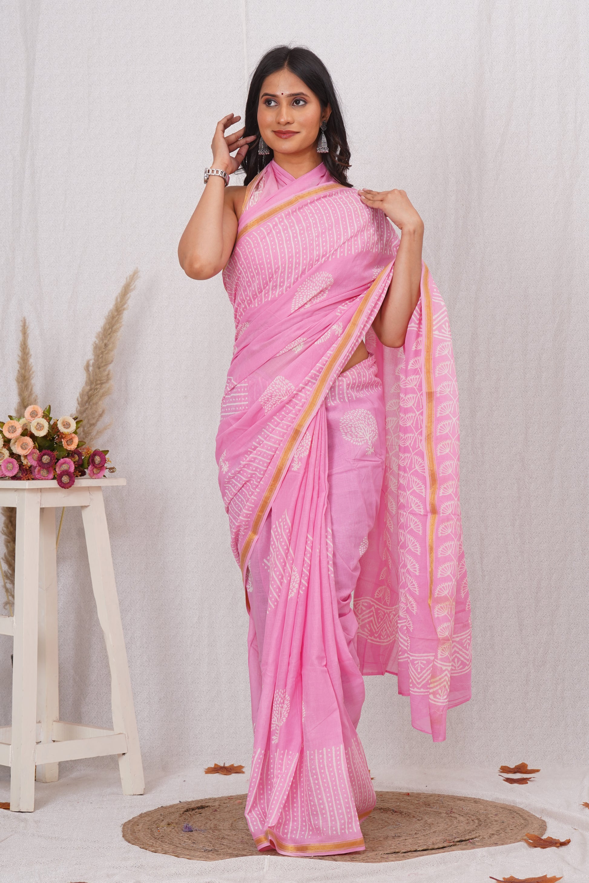 Light Pink Pure Soft Cotton Mulmul Saree with Zari Border and Blouse Piece – Hand Block Printed with Organic Vegetable Dyes