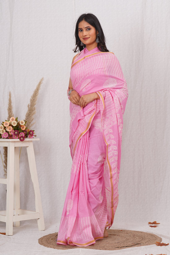 Light Pink Pure Soft Cotton Mulmul Saree with Zari Border and Blouse Piece – Hand Block Printed with Organic Vegetable Dyes