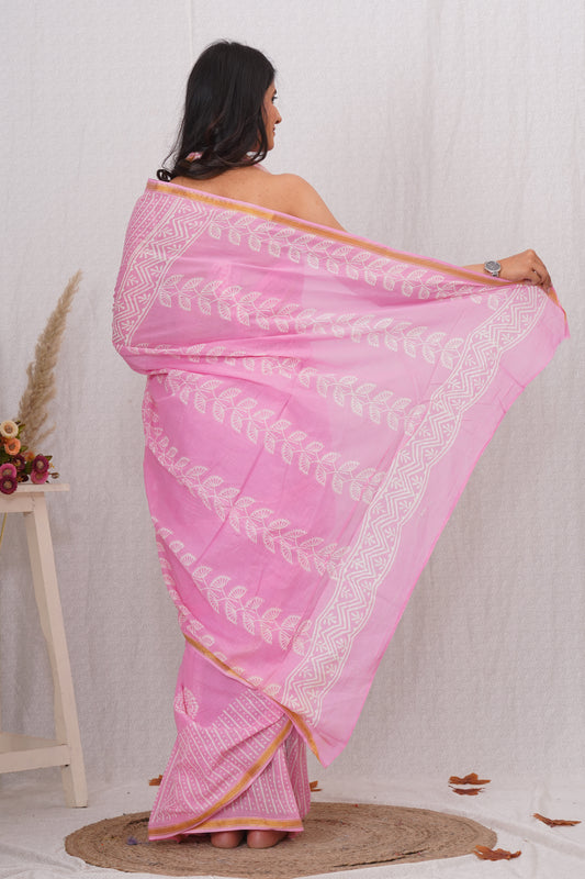 Light Pink Pure Soft Cotton Mulmul Saree with Zari Border and Blouse Piece – Hand Block Printed with Organic Vegetable Dyes