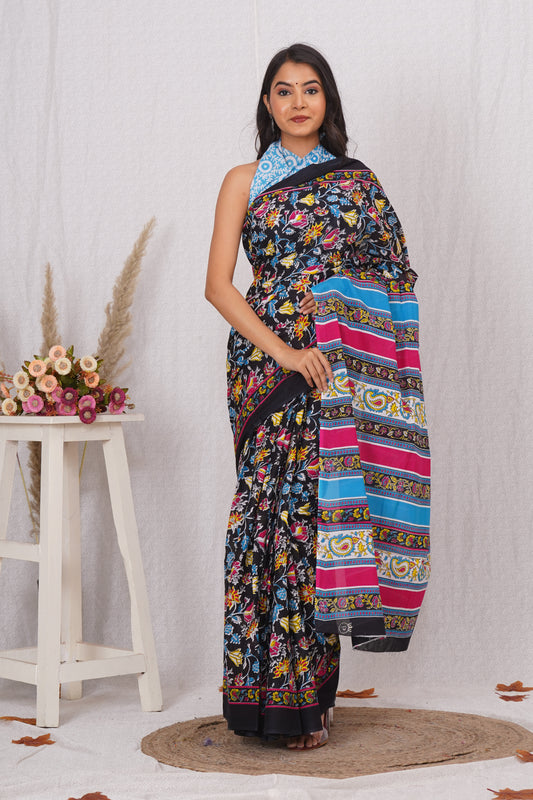 Multicolor Floral Cotton Mulmul Saree With Blouse Piece