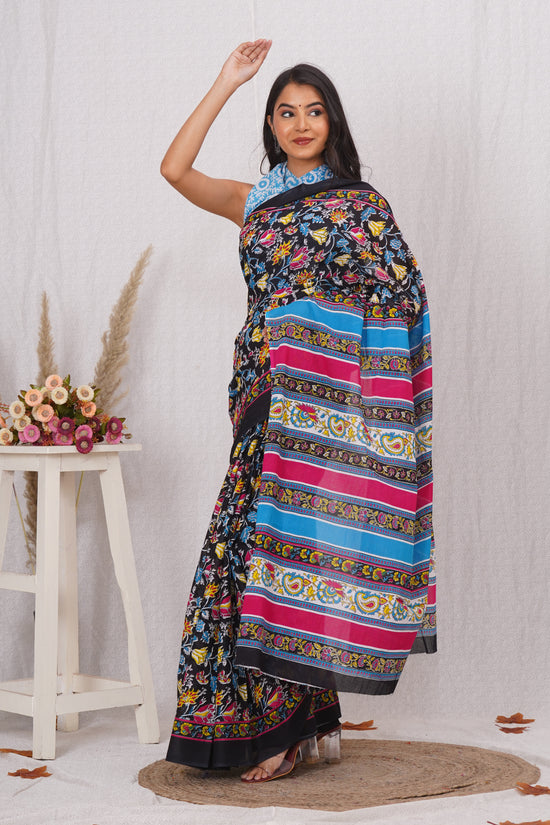 Multicolor Floral Cotton Mulmul Saree With Blouse Piece