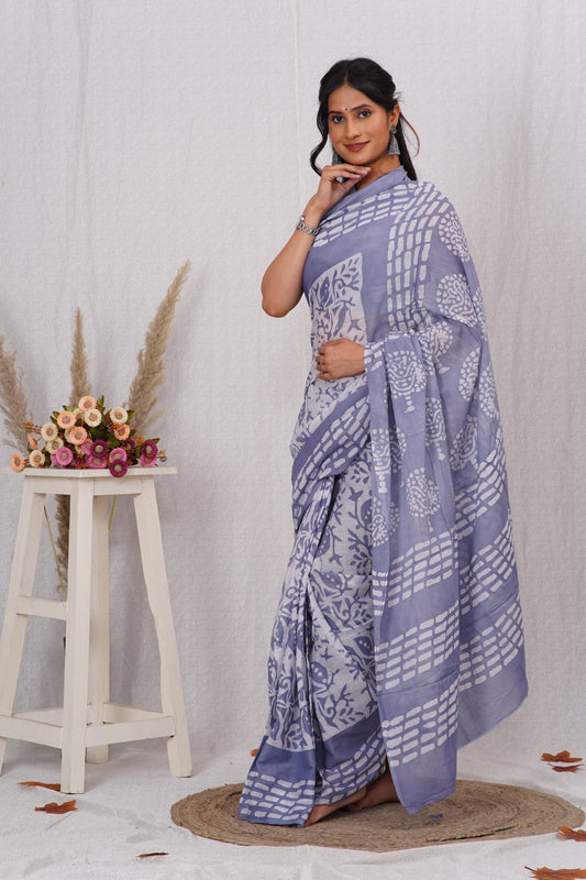 Light Purple Cotton Mulmul Saree With Blouse Piece