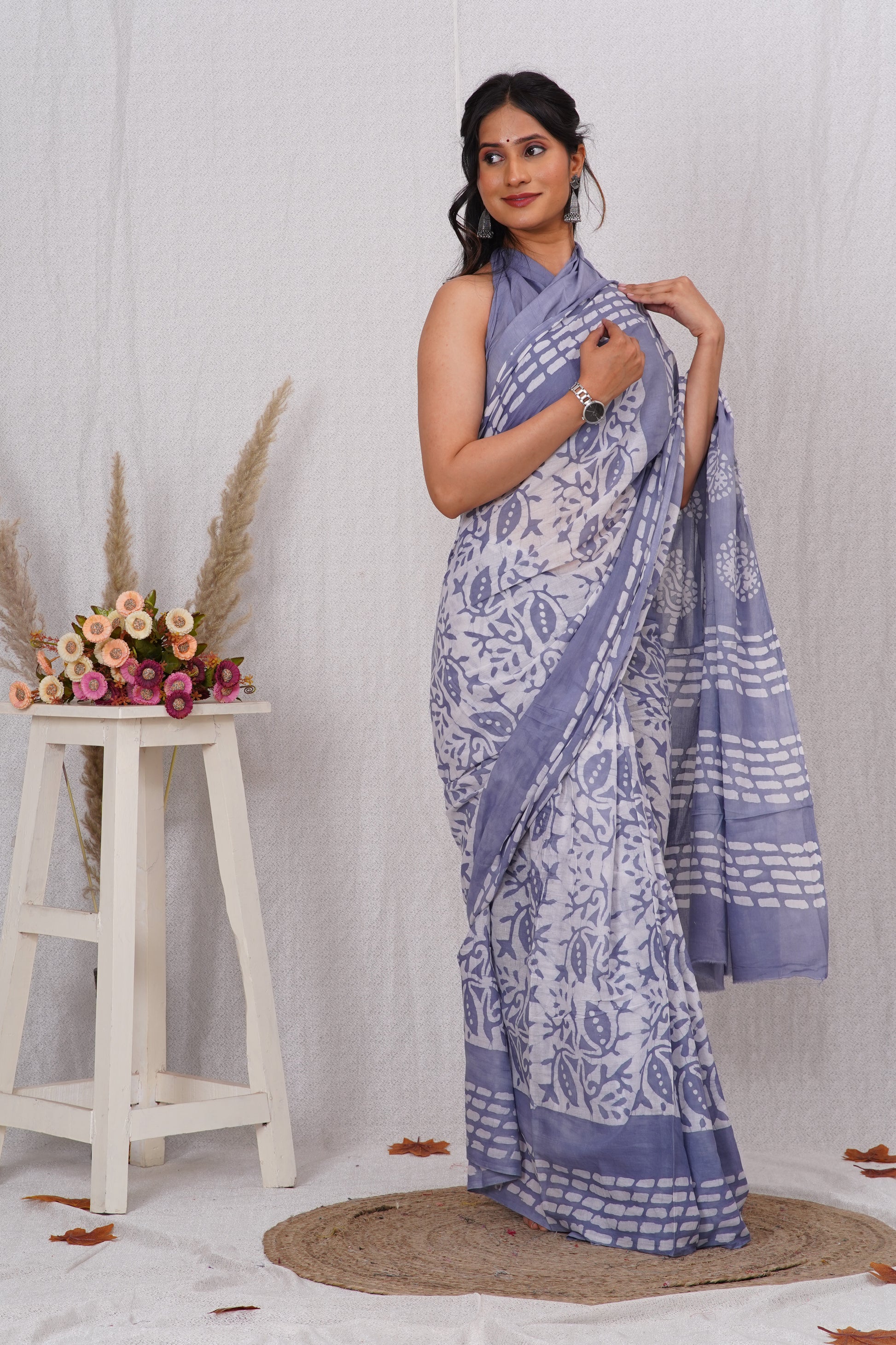 Light Purple Cotton Mulmul Saree With Blouse Piece