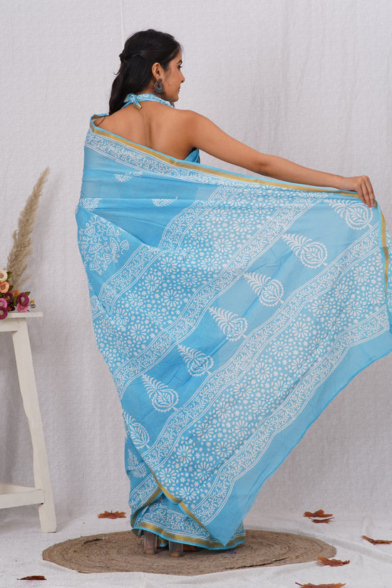 Sky Blue  Pure Soft Cotton Mulmul Saree with Zari Border and Blouse Piece – Hand Block Printed with Organic Vegetable Dyes